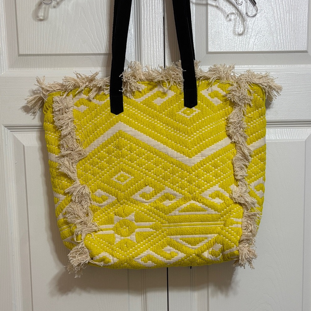 Bright Neon Yellow Fringe Patterned Tote Bag with Black suede Straps
